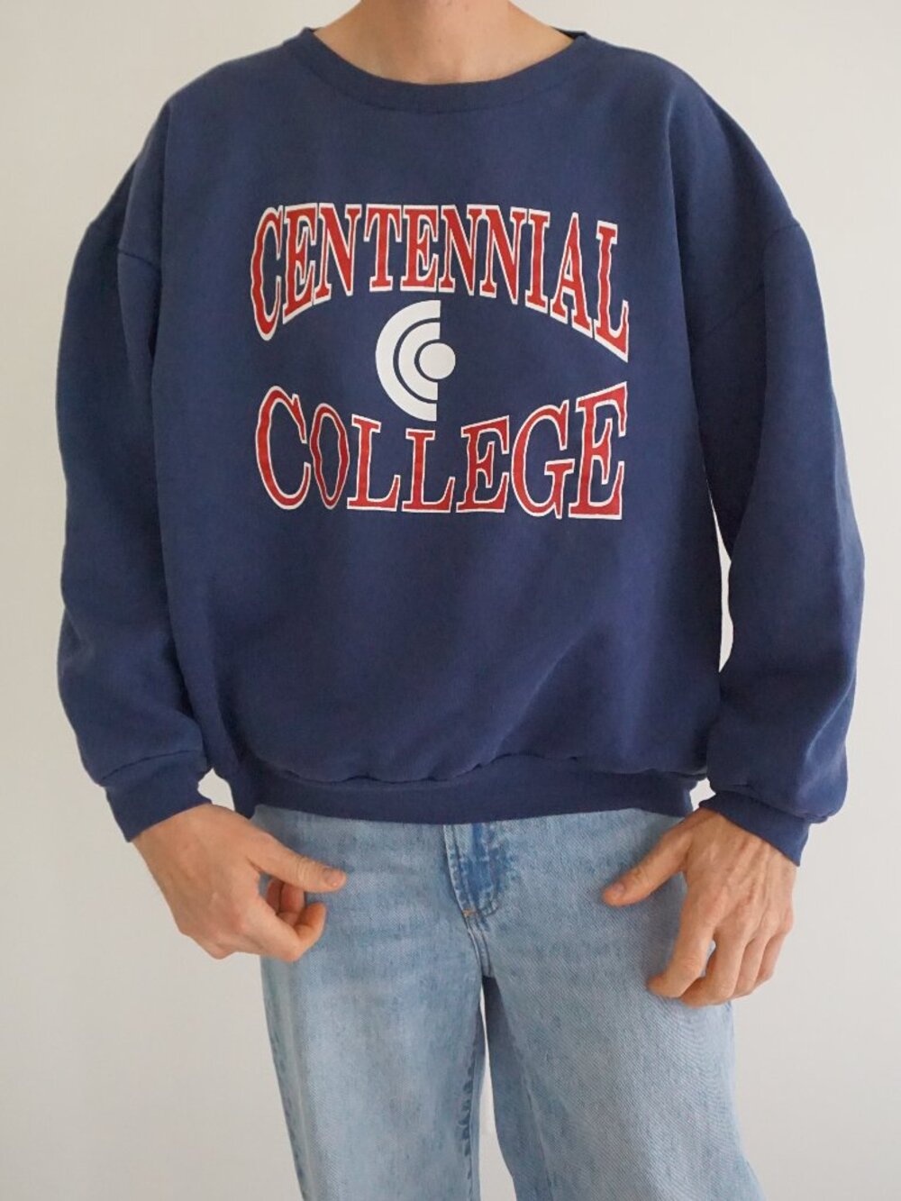 Vintage Centennial College Navy Red White Spellout Varsity Classic Sweatshirt XL